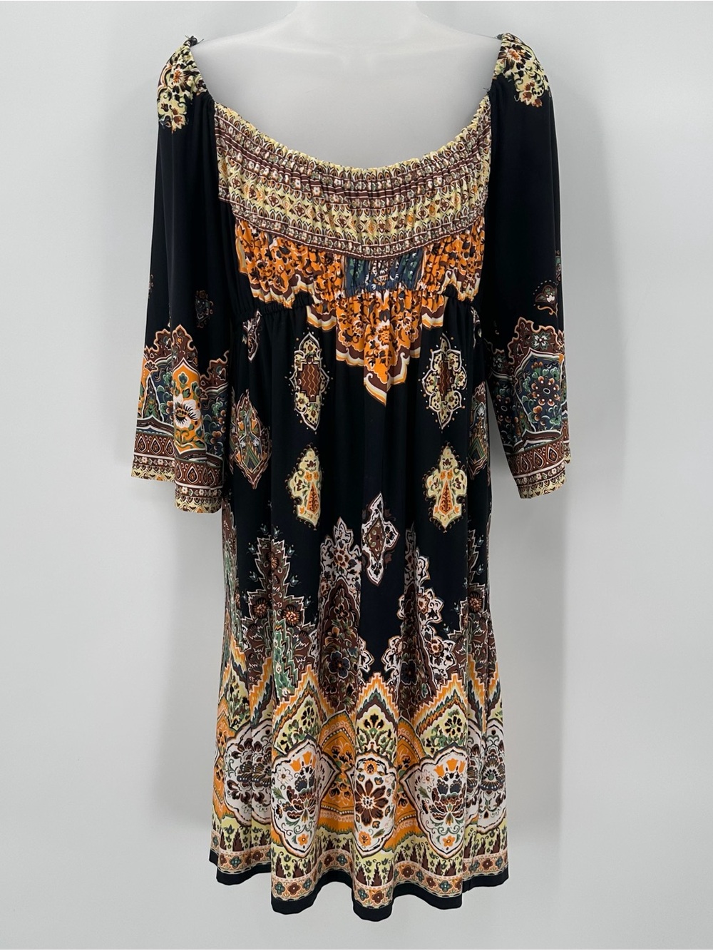 Muse Boston Proper Dress Womens 6 Black Orange Paisley Boho Smocked 3/4 Sleeve